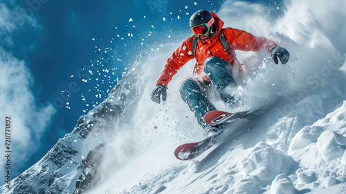 Skier in red jacket on mountain slope on sky and snow background, man in mask skiing downhill spraying powder in winter. Concept of sport, splash, extreme, resort, speed,