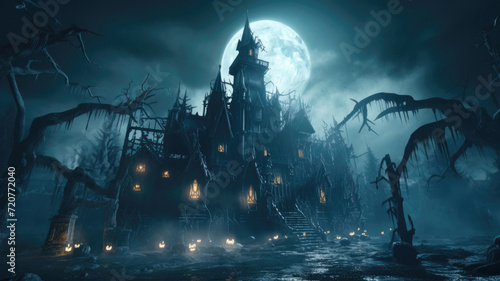 Old spooky gloomy castle at misty Halloween night, haunted place in full moon. Scenery of dark Gothic mansion in mystic fog, scary landscape with creepy trees. Theme of horror, mystery photo
