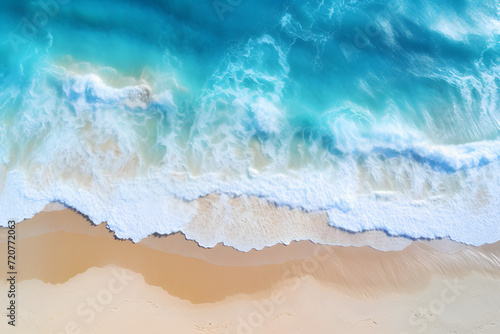 Aerial view of the beautiful bright sea with waves splashing and beach sand. Bright Blue Crystal Clear Water and White Sandy beach. Summer and travel vacation. Aerial drone landscape. Generative Ai © somchairakin