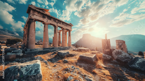 Ancient temple at sunset in Greece, scenic view of classical Greek ruins, mountain and sky, landscape with old building. Theme of antique, past, travel and tourism