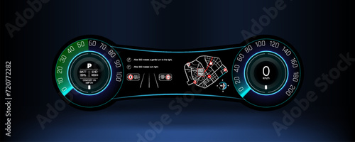 Futuristic Digital Car Dashboard Display with Vibrant Illuminated Speedometer, Fuel Gauge, and Navigation for Modern Vehicles