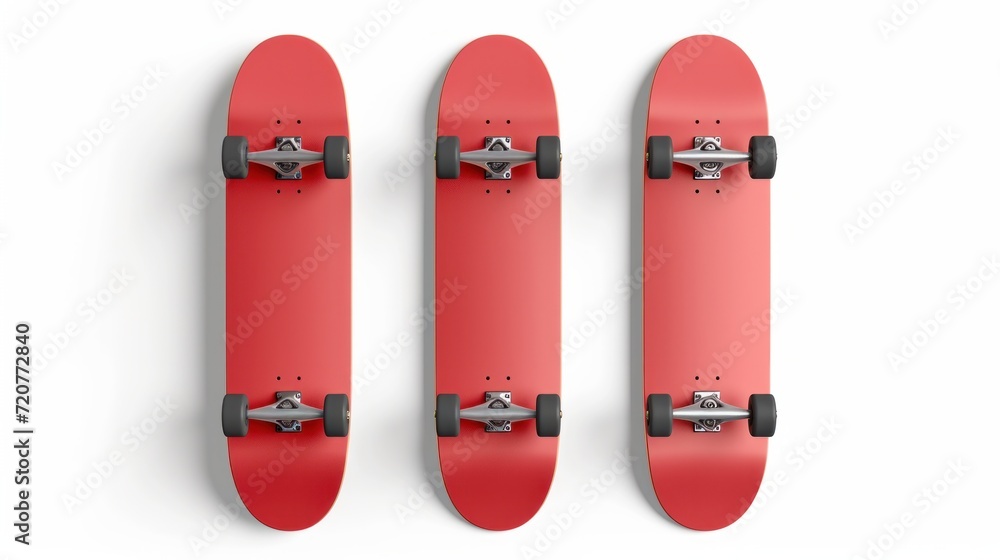 skateboard red color, plain and blank deck. Set of isolated object in different angle, mock up template for your logo and graphic design skateboard red color, plain and blank deck. Set of isolated object in different angle, mock up template for your logo and graphic design