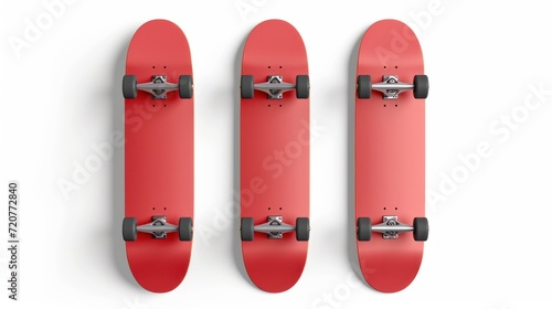 skateboard red color, plain and blank deck. Set of isolated object in different angle, mock up template for your logo and graphic design