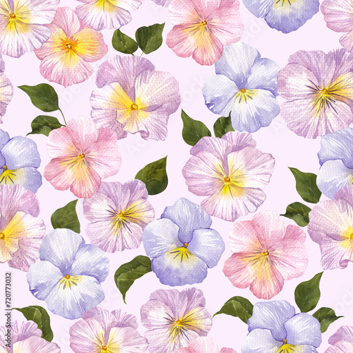 Seamless pattern with first spring flowers, tulip, lilac, sakura, pansy, snowdrop, isolated on colored background. Watercolor hand draw botanical.