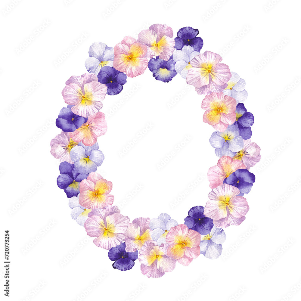Watercolor floral wreath with hand draw first spring flowers and leaves, sakura, snowdrop, tulip, pansy, lilly, isolated on transparent background, PNG files