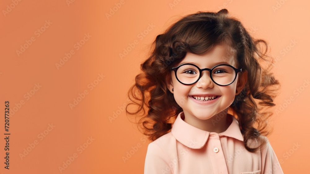 Obraz premium Cute girl with glasses smile in peach background