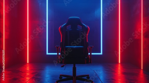 The black gaming chair and the black backdrops feature red and blue lights, and have space for lettering. 3D Render photo