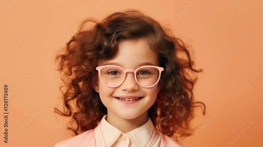 Cute girl with glasses smile in peach background
