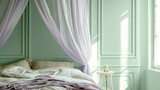 An elegant bed canopy in a soft lavender hue, surrounded by a room with pastel green walls, bathed in natural light
