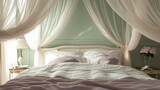 An elegant bed canopy in a soft lavender hue, surrounded by a room with pastel green walls, bathed in natural light