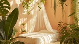 An ethereal bed canopy in white sheer fabric, surrounded by walls of soft peach color in a room filled with plants