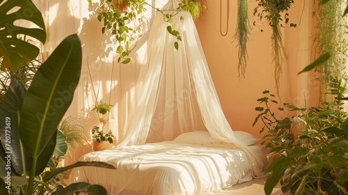 An ethereal bed canopy in white sheer fabric, surrounded by walls of soft peach color in a room filled with plants photo