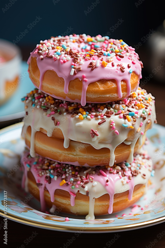 Donuts with powdered sugar glaze and colorful sprinkles arranged on a plate in a pyramid Donuts with powdered sugar glaze and colorful sprinkles arranged on a plate in a pyramid