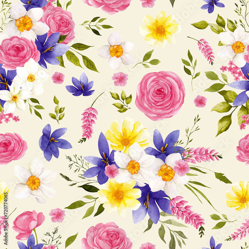 Seamless pattern with watercolor hand draw flowers and farm baby animals, lamb, goose, bunny, rabbit. Spring floral, cute characters, isolated on transparent background, PNG files