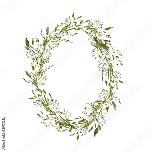 Watercolor hand draw wreath with spring flowers  leaves  herbs  grass  isolated on transparent background  PNG files. First spring floral.