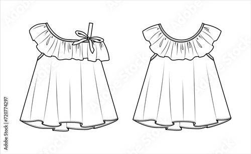 Vector sleeveless top with frills fashion CAD, girl cropped round neck blouse technical drawing, template, mock up, sketch. 2 pieces one shoulder blouse set flat, front, back view, white color
