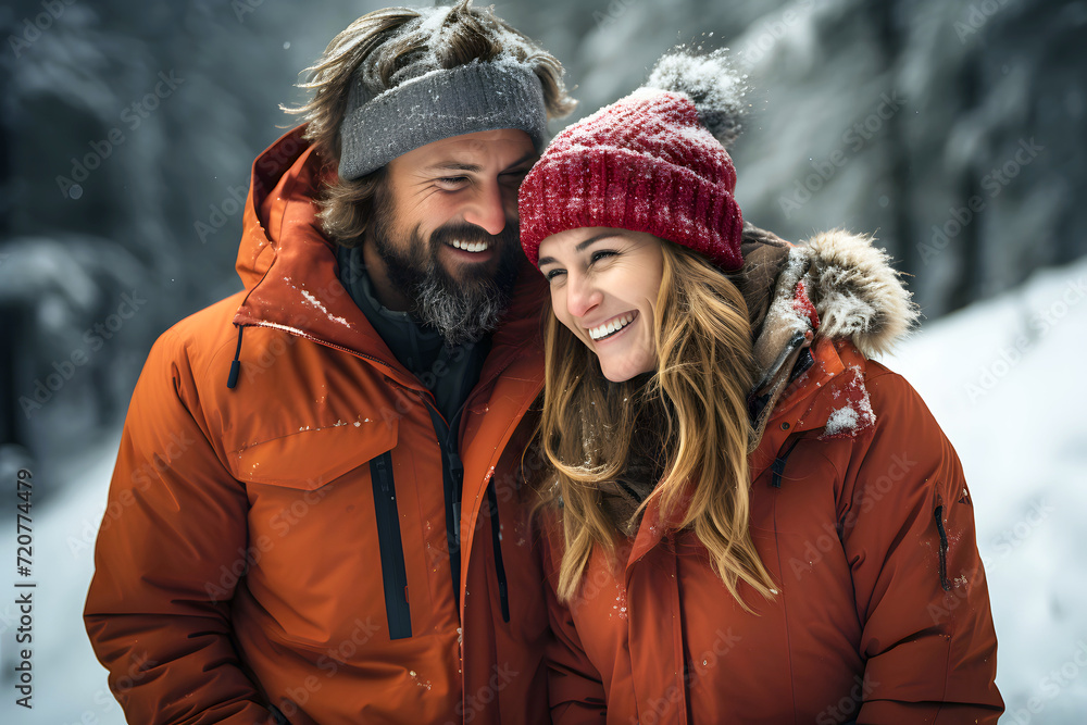portrait of a happy loving couple in warm clothes outdoors in winter. love and family relationships