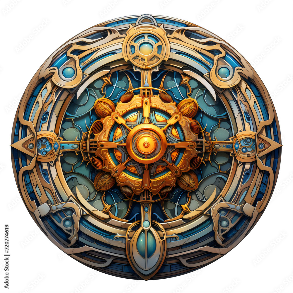 a fantasy blue and gold gear talisman on a transparent background png isolated