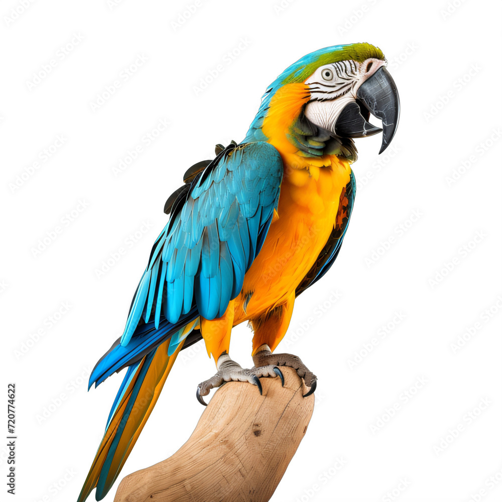 colorful parrot perched on wooden branch on a transparent background png isolated