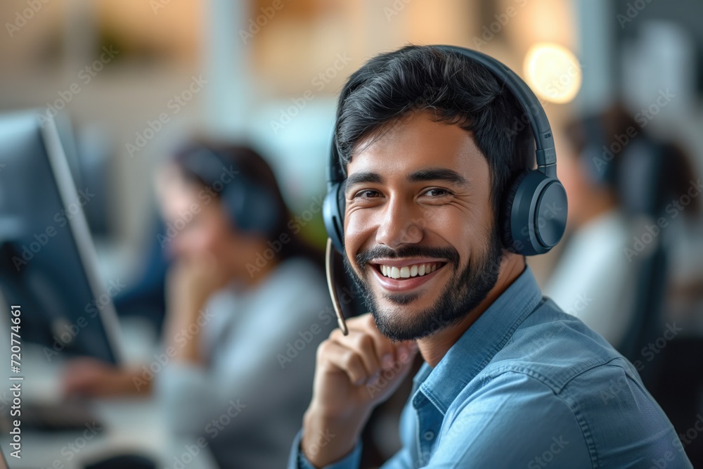Portrait of a call center worker accompanied by his team. Smiling customer service operator at work. Portrait of a call center worker accompanied by his team. Smiling customer service operator at work.