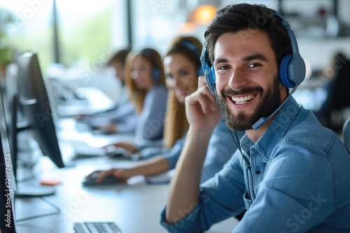 Portrait of a call center worker accompanied by his team. Smiling customer service operator at work.