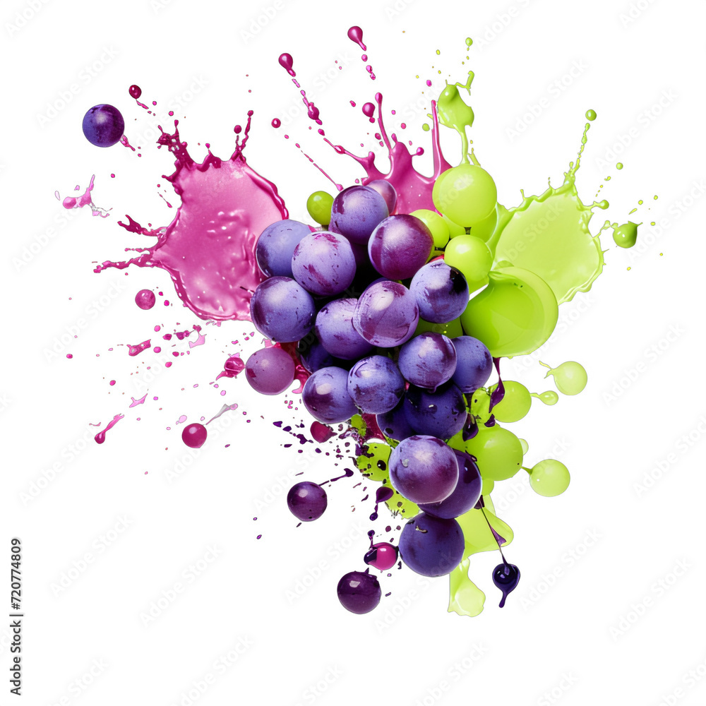 grapes splashing green and purple on a transparent background png isolated