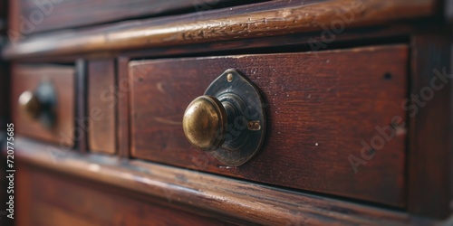 A close-up view of a drawer with a knob. This image can be used to depict organization, storage, or interior design concepts