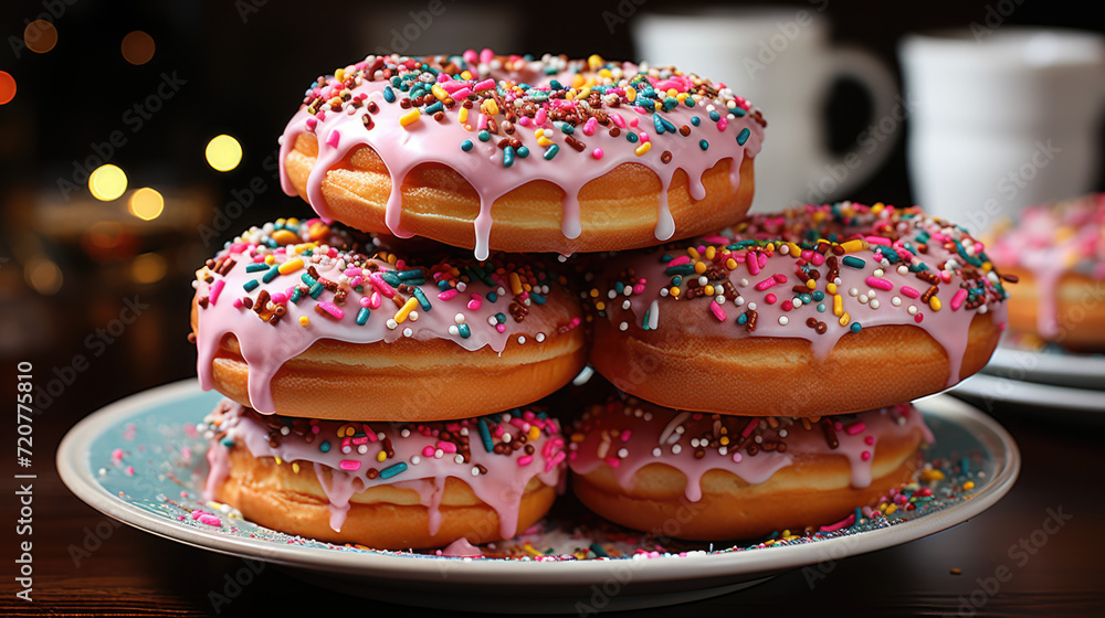 Donuts with powdered sugar glaze and colorful sprinkles arranged on a plate in a pyramid Donuts with powdered sugar glaze and colorful sprinkles arranged on a plate in a pyramid
