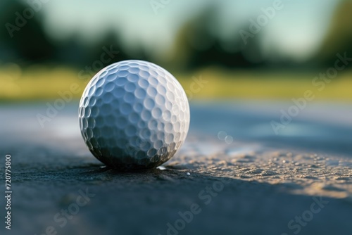 A white golf ball sitting on the ground. Suitable for sports-related designs