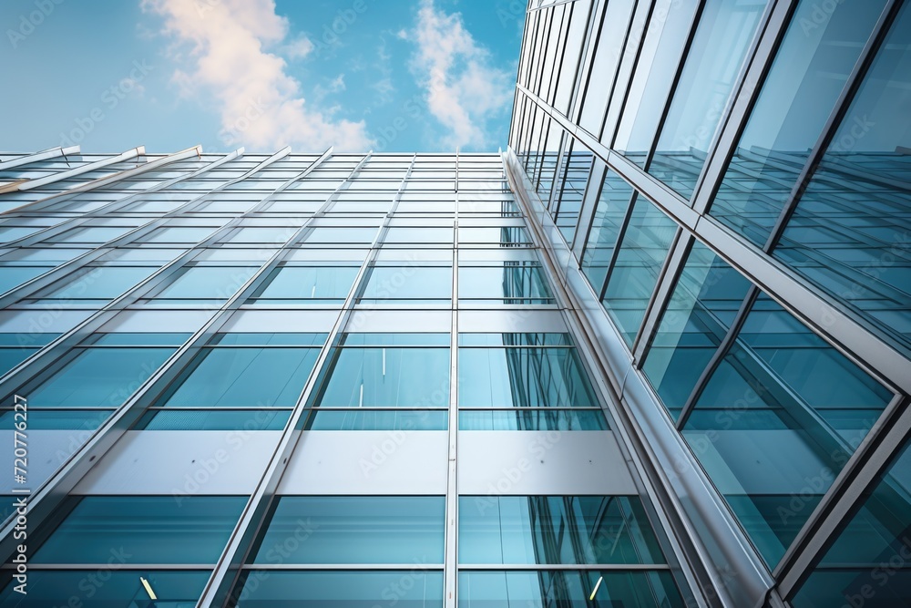 A tall glass building featuring a clock on its side. Perfect for illustrating concepts of time, modern architecture, and urban landscapes A tall glass building featuring a clock on its side. Perfect for illustrating concepts of time, modern architecture, and urban landscapes