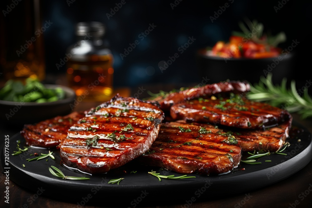 Delicious juicy grilled meat steak on a sizzling hot plate ready to eat and enjoy