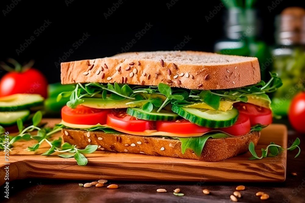 Close-up of cold cut sandwich on Rye bread with fresh vegetables on rustic wooden cutting board. Close-up of cold cut sandwich on Rye bread with fresh vegetables on rustic wooden cutting board.