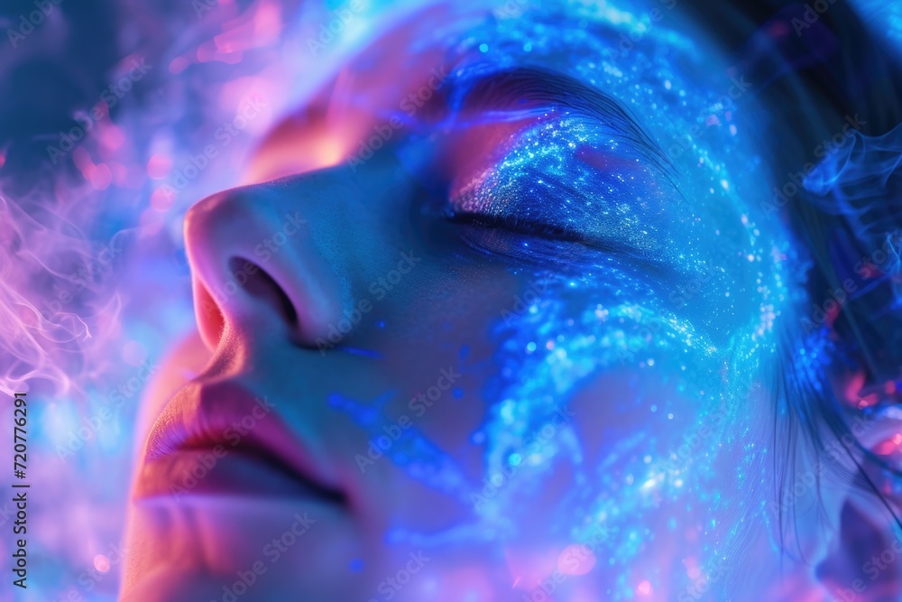 A close-up view of a woman's face illuminated by blue and pink lights. This image can be used to represent beauty, nightlife, or vibrant emotions
