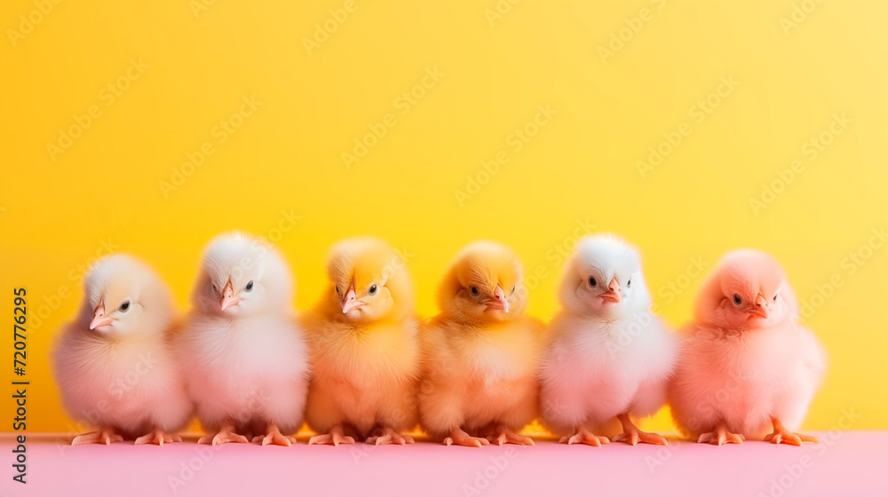cute little yellow chickens on a pink wall background. Easter background with copy space.