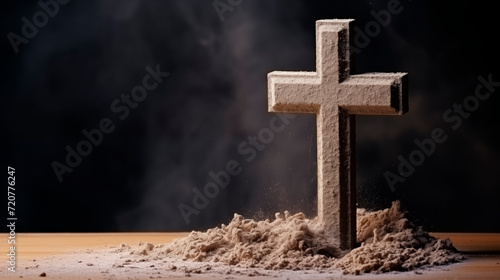 Wooden Christian cross - symbol Ash Wednesday, religion, sacrifice. Christian faith Jesus. holy holiday, sh Wednesday concept.