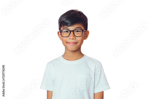 Portrait of a smiling Asian little boy in a t-shirt on transparent background. Front view, happy child in a blue shirt.