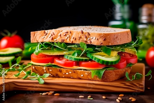 Close-up of cold cut sandwich on Rye bread with fresh vegetables on rustic wooden cutting board.