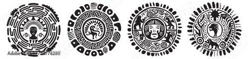 Circles decorated with Mayan patterns, ancient civilization, colorless vector graphics