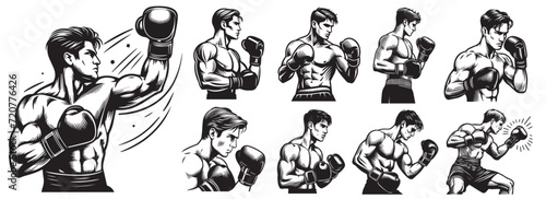 Boxing competitor, collection of vector black and white martial arts fighters collection