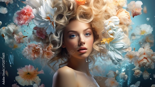 Beautiful young woman with flowers and cosmetics. Concept on the theme of beauty