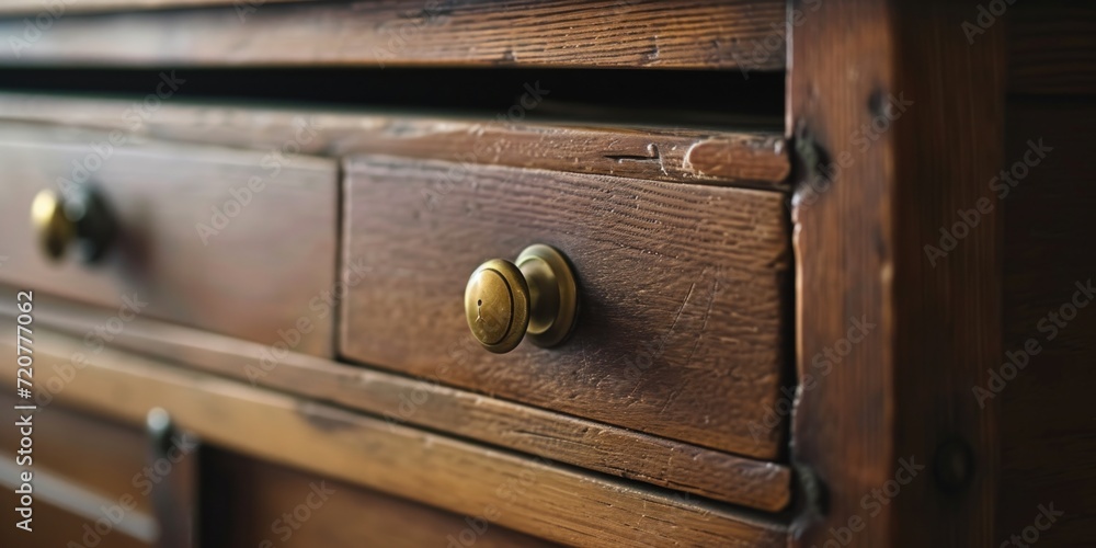 A detailed view of a wooden dresser featuring brass knobs. Perfect for home decor or furniture-related projects A detailed view of a wooden dresser featuring brass knobs. Perfect for home decor or furniture-related projects