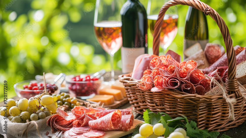 Picnic on the Toscana hills in the summer. Salami, prosciutto and wine in a wooden basket.