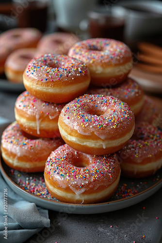 Donuts with powdered sugar glaze and colorful sprinkles arranged on a plate in a pyramid