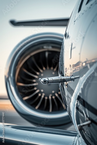 A detailed close up view of a jet engine. This image can be used to illustrate the inner workings of an aircraft engine