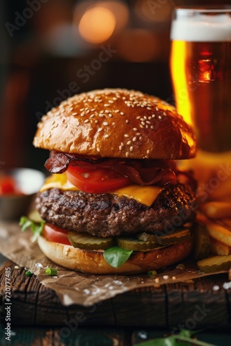 A delicious cheeseburger with a side of crispy fries, served with a refreshing glass of beer. Perfect for a casual meal or pub-style dining