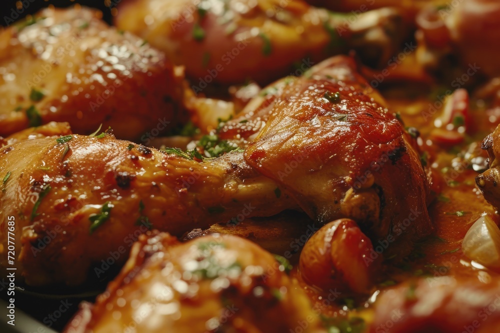 A close up view of a pan filled with delicious chicken. Perfect for recipes, cooking blogs, and food-related projects A close up view of a pan filled with delicious chicken. Perfect for recipes, cooking blogs, and food-related projects