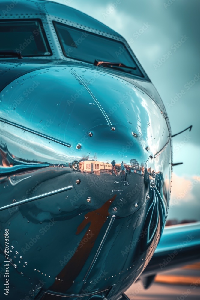 A detailed close-up view of the nose of an airplane. This image can be used to showcase aircraft details and features.