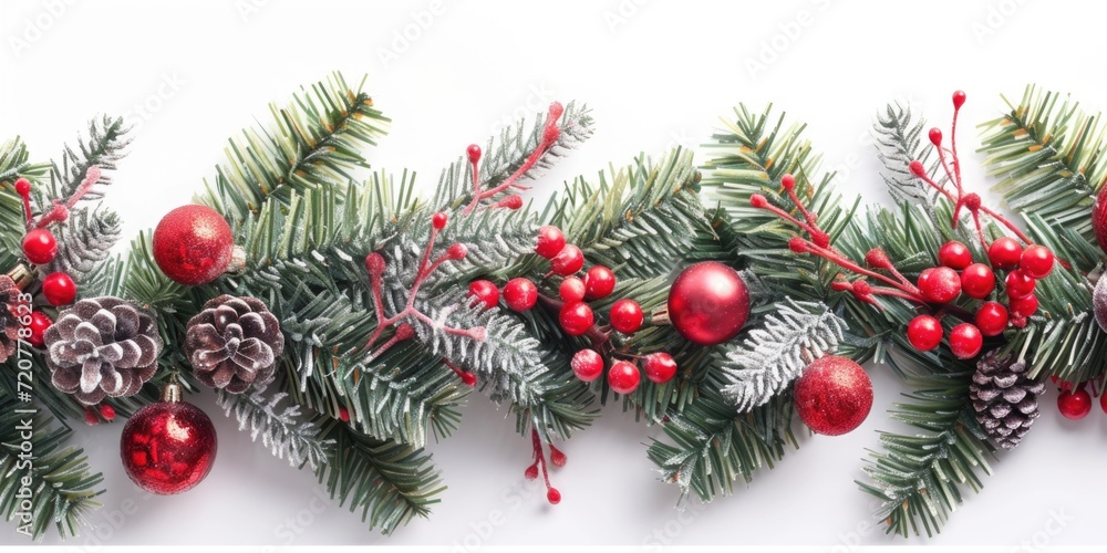 A close-up view of a Christmas garland adorned with pine cones and berries. This festive decoration can be used to add a touch of holiday spirit to any home or event