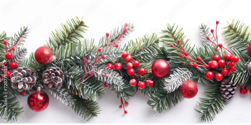 A close-up view of a Christmas garland adorned with pine cones and berries. This festive decoration can be used to add a touch of holiday spirit to any home or event A close-up view of a Christmas garland adorned with pine cones and berries. This festive decoration can be used to add a touch of holiday spirit to any home or event