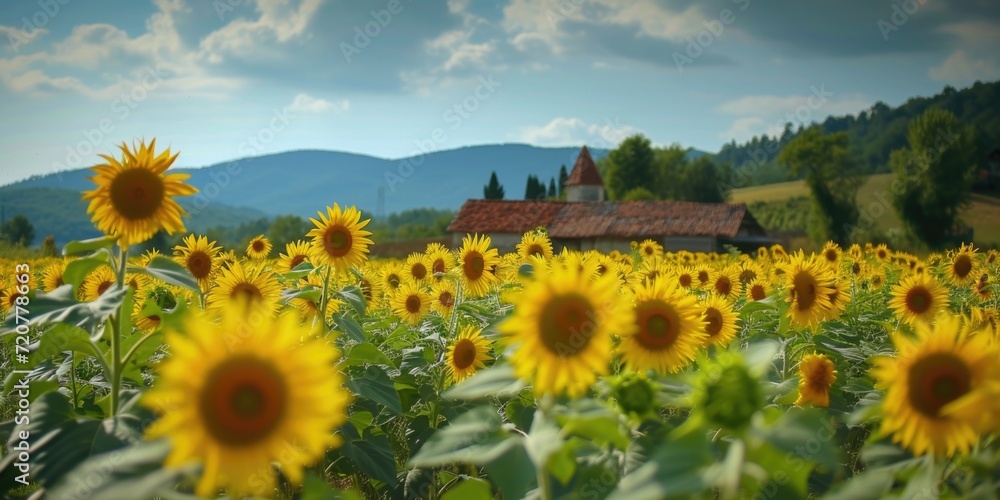 Obraz premium A picturesque view of a field filled with vibrant sunflowers, with a charming house in the background. Perfect for adding a touch of nature and beauty to any project